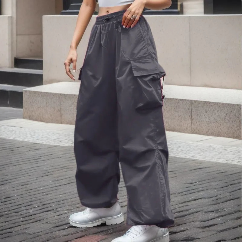 Women Big Pockets Cargo Pants High Elastic Waist Drawstring Baggy Trousers Vintage Casual Loose Side Zipper Straight Y2k Pants 240821