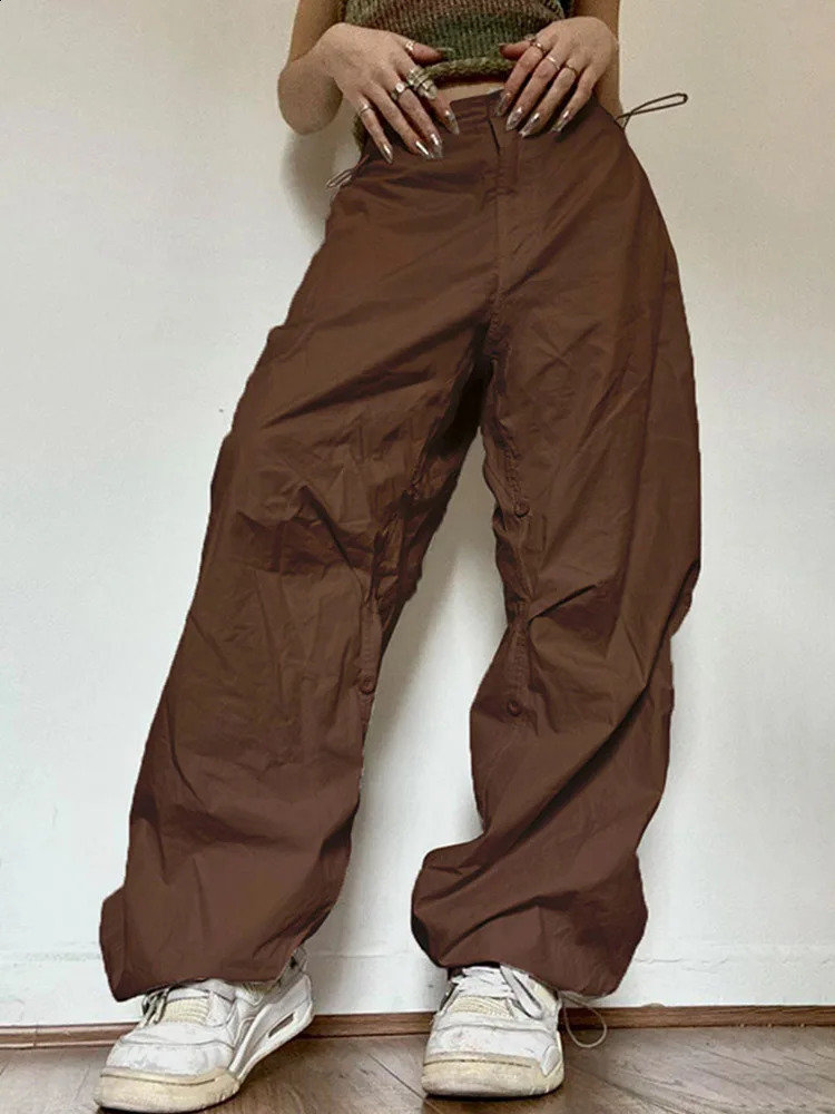 Solid Joggers Tech Pants High Waist Streetwear Fashion Brown Baggy Trousers Y2K Casual Vintage Clothes 240821
