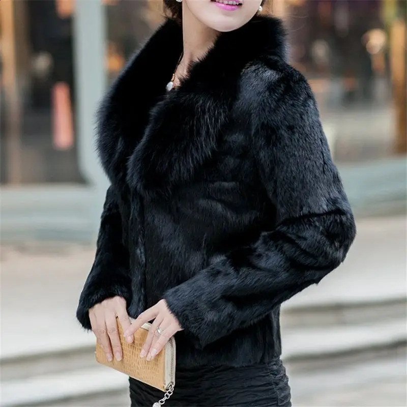 100% Genuine Whole Skin Rabbit Fur Coat with Real Natural Fox Fur Collar Jacket Full Pelt Rabbit Fur Overcoat HT89 240821