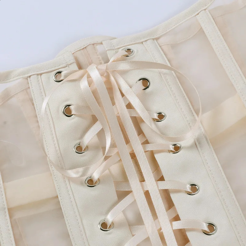 Women Mesh Abdomen Corset Tight Tops With Bones Push Up Body Gather Breast Bustier Shaping Transparent Bodices Outwear For Dress 240822