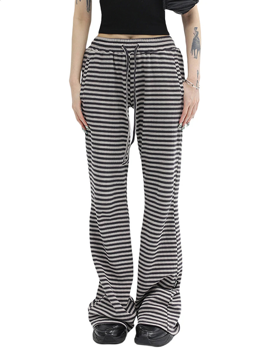 Women Y2k Drawstring Straight Leg Pants Vintage Low Rise Striped Print Knitted Pant Wide Leg Lounge Pj Pant Bottom 240821