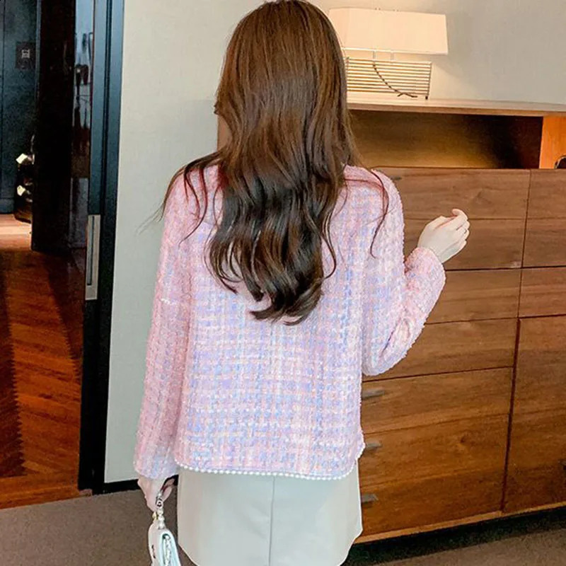 Spring Autumn Womens Woolen Coat Pink Small Fragrant Wind Coat Nailed Bead Short Jacket Tweed Coat Ladies Tops Female Outerwear 240822