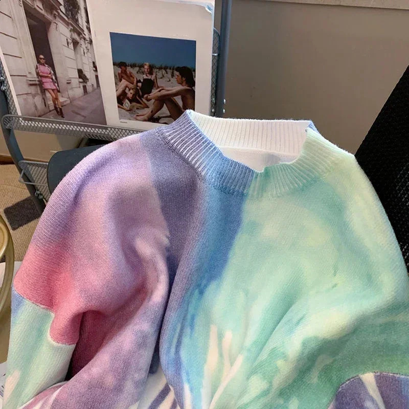 Mens Clothing Crewneck White Tie Dye Knit Sweater Male Pullovers Round Collar Ugly Sheap Y2k Streetwear Korean Autumn Clothes A 240821