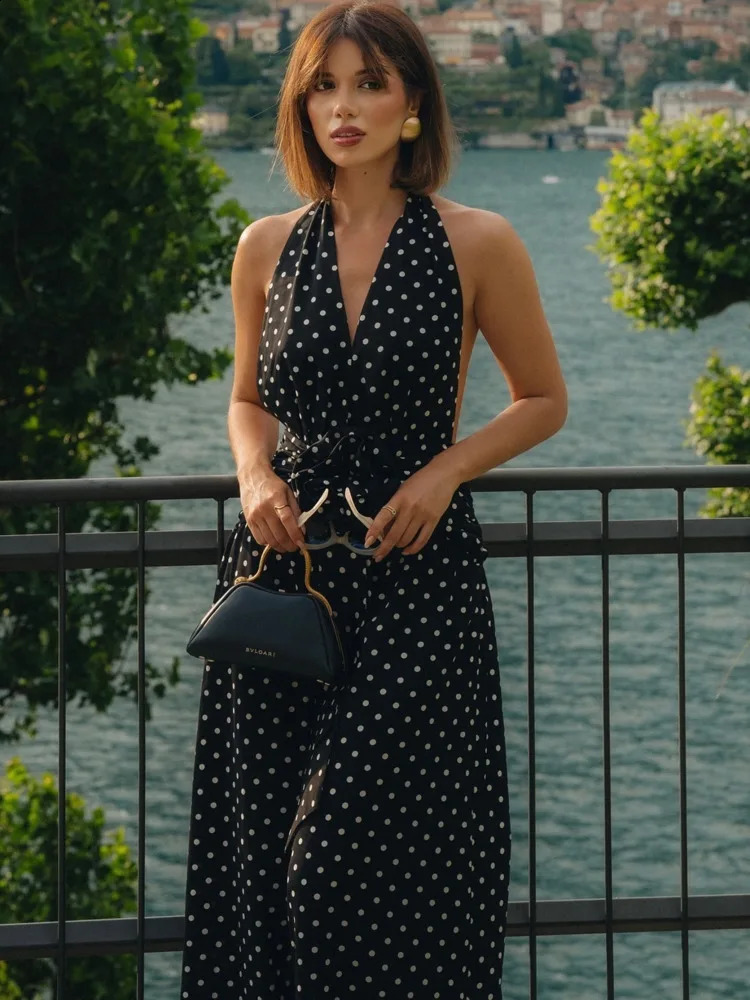 Articat Sexy Deep V-neck Tie Up Backless Jumpsuit For Women Slim Wide Leg Pants Polka Dot Female Rompers Elegant Casual Holiday 240822