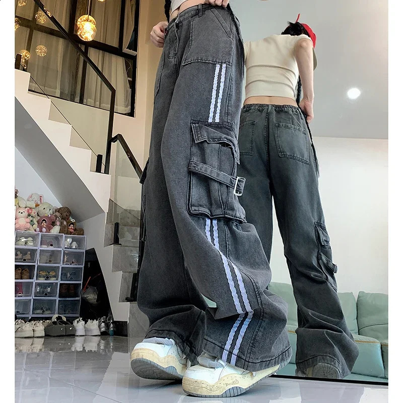 Women Vintage 90s Baggy High Waist Jeans Female Harajuku Denim Cargo Pants Lady Aesthetic Black Grey Blue Wide Leg Trousers 240822