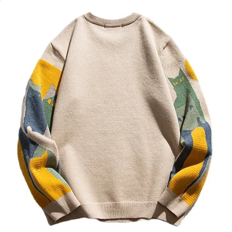 Autumn Knitted Sweater Men Winter Harajuku Cartoon Full Cat Print Pullover Spring Vintage Male Causal Loose Sweaters Streetwear 240821
