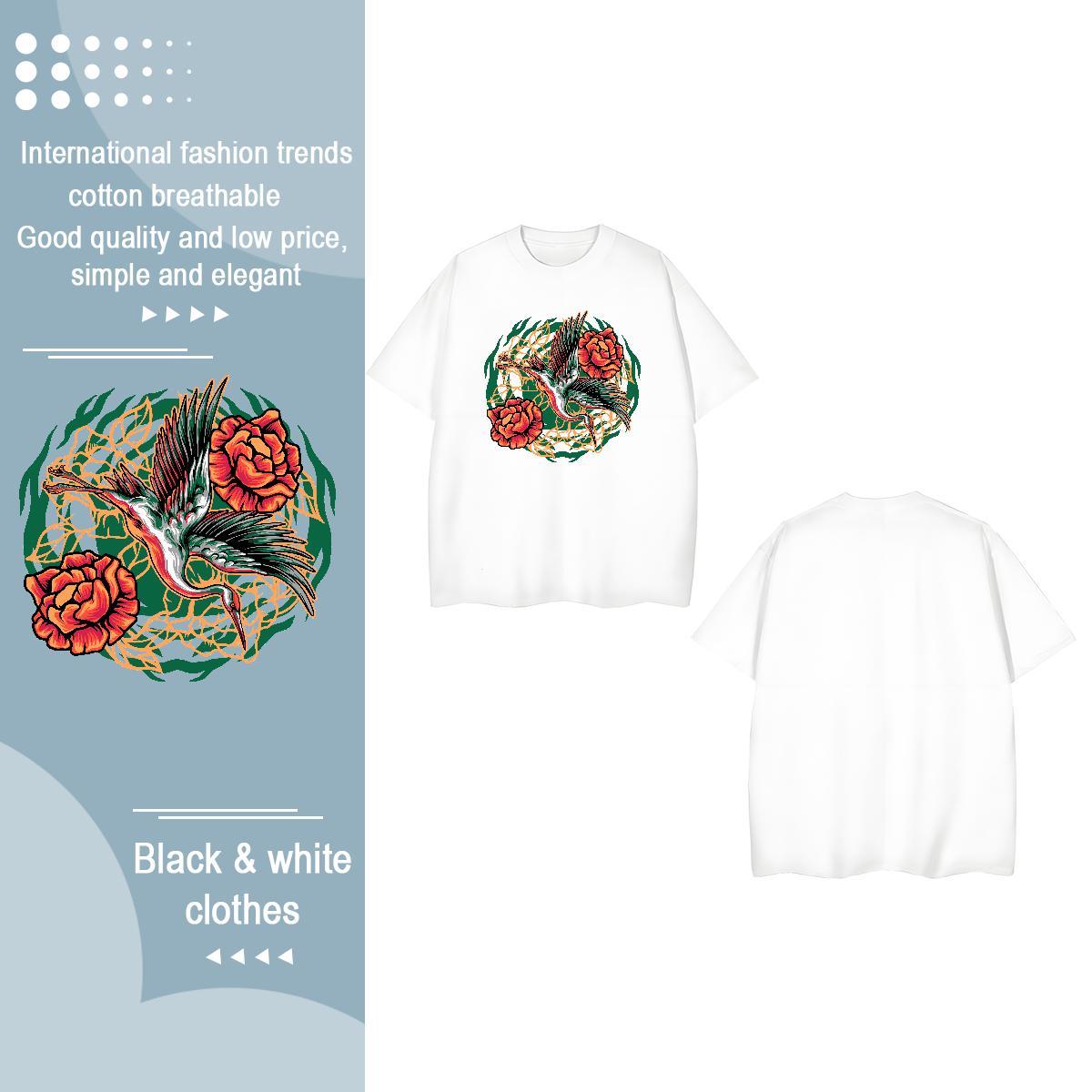 2024 Casual Women T Shirts O-Neck Short Sleeve 230g Cotton Women Tshirts Cartoon Floral Printing eagle Spring Summer High quality Tee Shirt