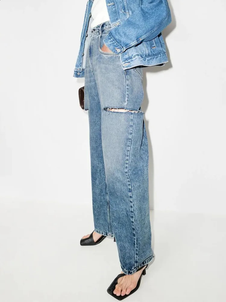 DEAT Fashion Womens Loose High Waist Wide Leg Denim Pants Hollow Blue Long Straight Jeans Autumn Collection L2901H 240821