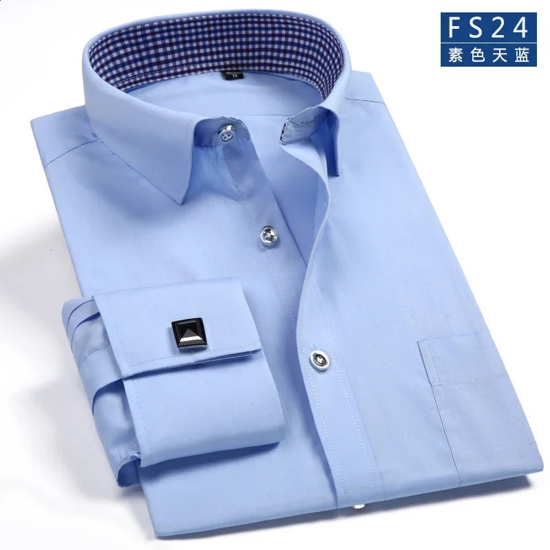 2025 Classic Regular Fit White French Cufflinks Mens Business Dress Long Sleeve Shirt Lapel Men Social Shirt 240822