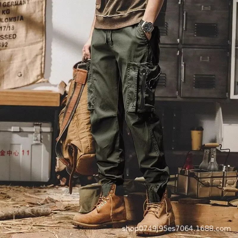 American Retro Outdoor Hip Hop Workwear Pants For Mens Trendy Elastic Waist Zipper Simple Large Pocket Tied Casual Pants 240822