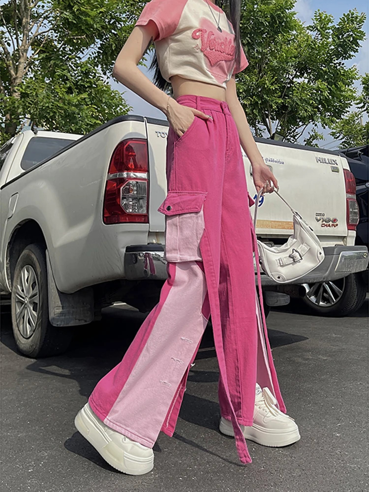 Pink Women Cargo Pants Loose Baggy Pants Korean Fashion High Waist Trousers Moda Pantalones Anchos Y Sueltos Mujer 240821
