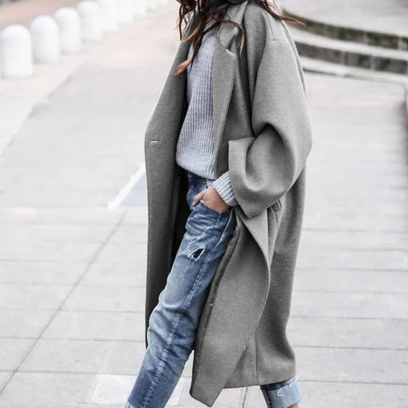 Simple Windbreaker Jacket for Women Fashion Korean Autumn Winter Thermal Lapel Woolen Trench Coat Large Size Loose Overcoat 240822