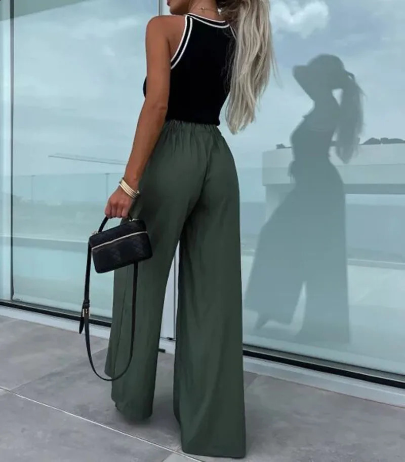 Womens Y2K Casual Solid Pants Drawstring Elastic Waist Loose Straight Long Trousers with Pockets Streetwear 240821