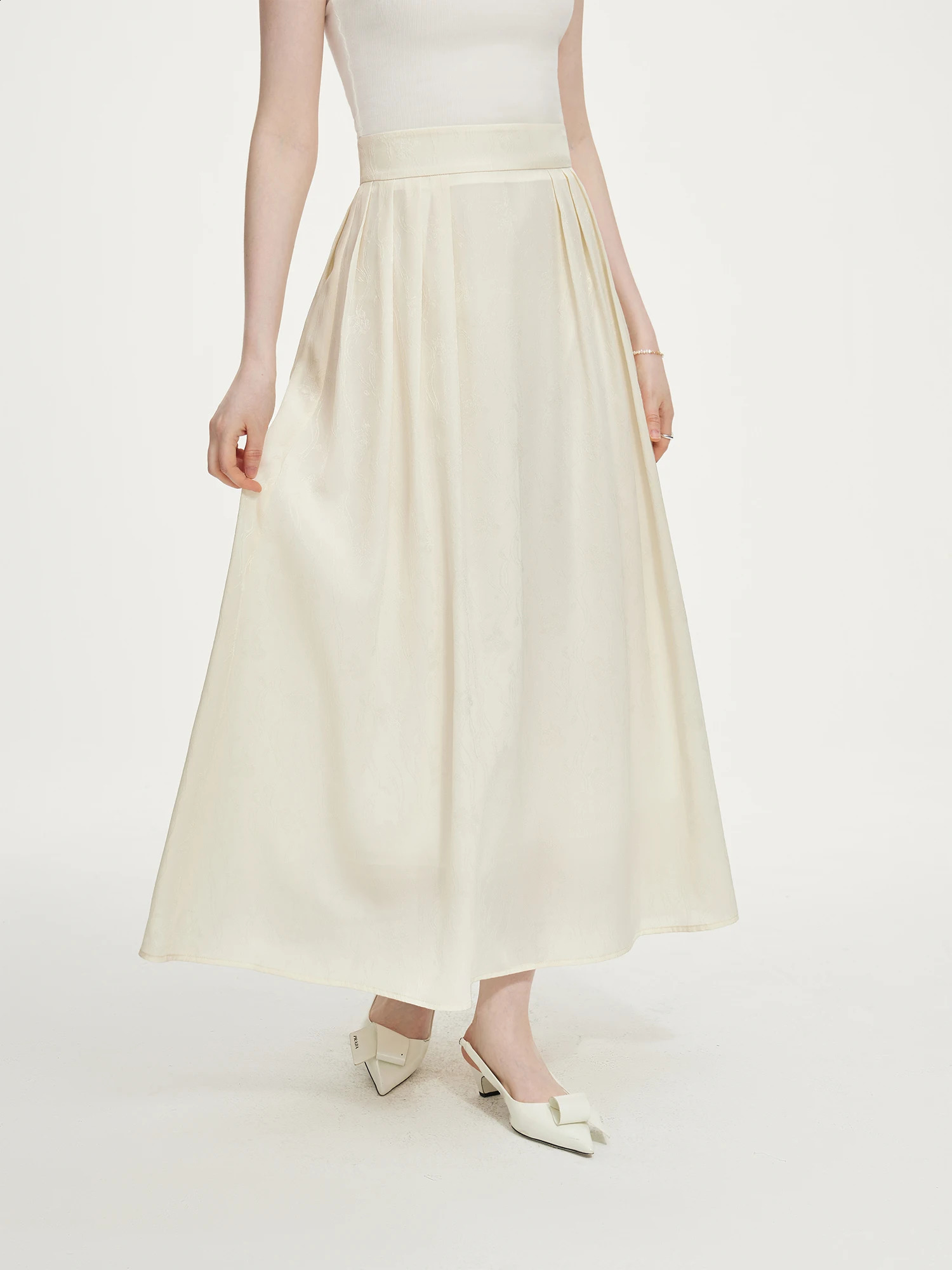 FSLE Women Autumn Sets Round Neck Long Puff Sleeve Beige Blouses High Waist Temperament Pleated Skirt 24FS1317524FS13176 240819