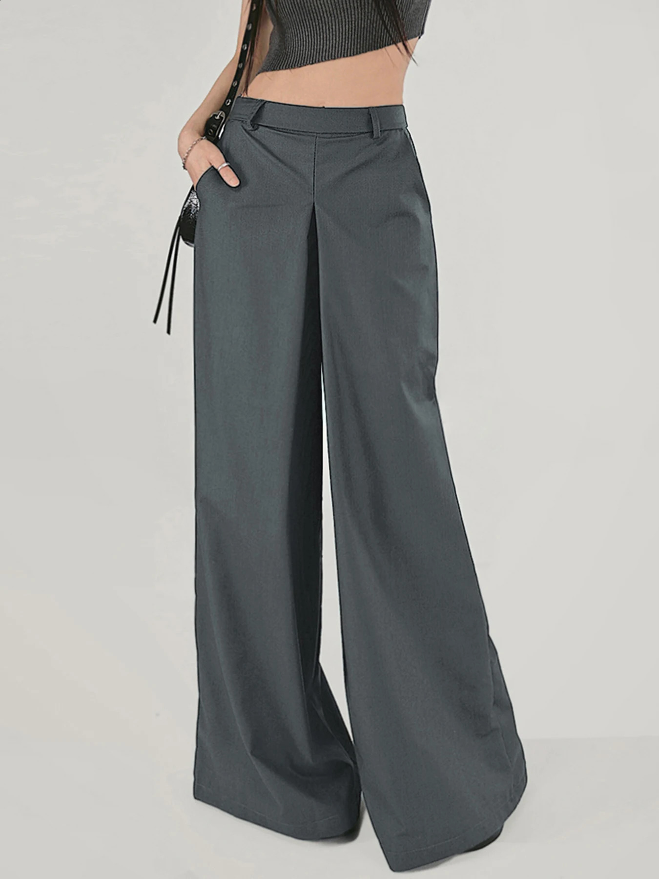 Rockmore Ladies Loose Suit Pant Mid Waist Wide Leg Pants Korean Fashion Baggy Trousers Female Office Wear Elegant Gray Pants 240821