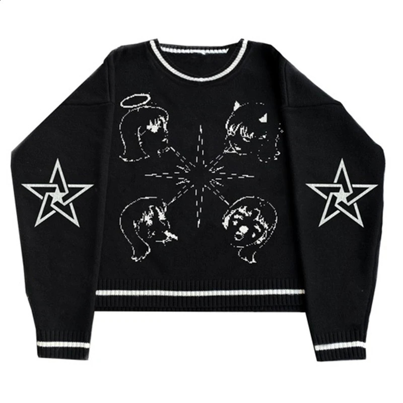 Vintage Star graphics Harajuku Oversized Y2K Sweater Women Knitted Sweater Print Winter Thick Female Pullovers Casual Tops 240821