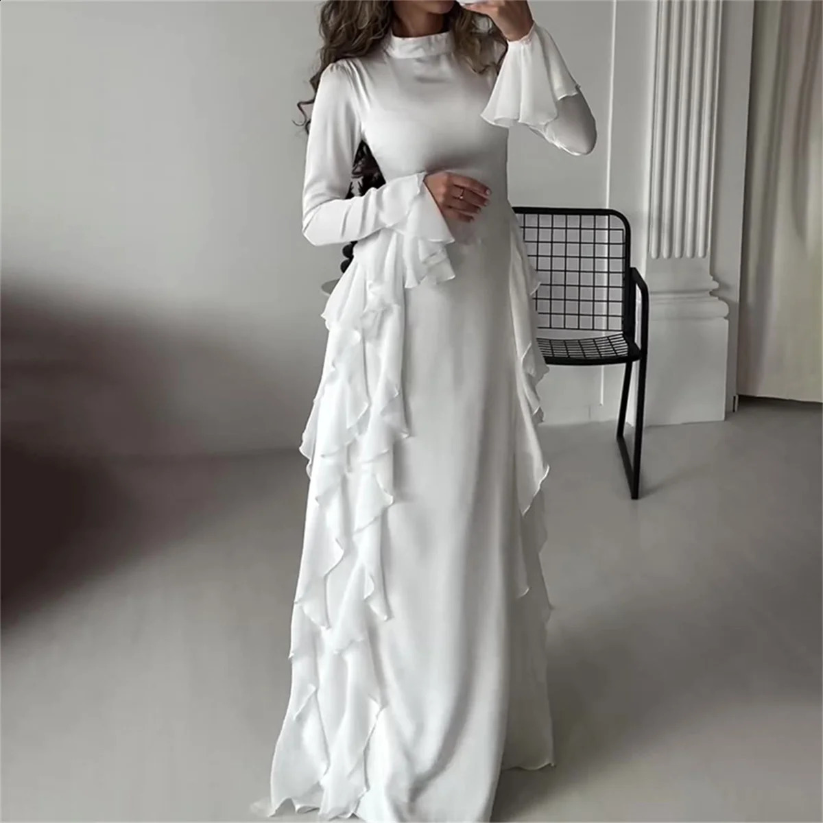 Womens O Neck Long Dresses Fashion Stringy Selvedge Flared Long Sleeve Dress White High Waist Dinner Gown Autumn Party Vestidos 240813