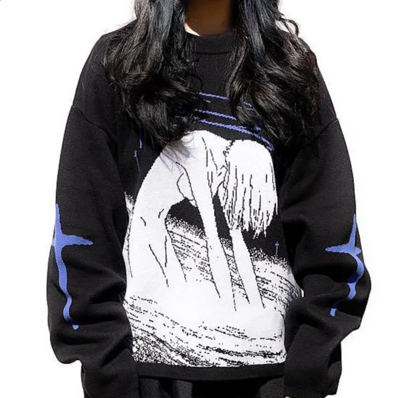 Japanese Kawaii anime pattern printing knitted Oneck womens Pullover Y2K Harajuku streetwear fairy fold loose couple sweater 240821