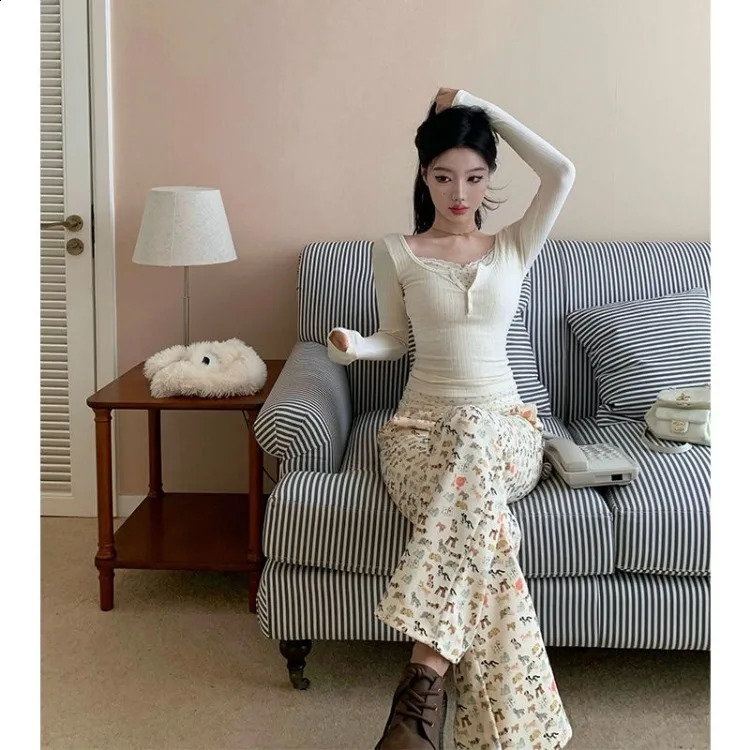 Kawaii Dog Print Pants for Women Y2k E-Girl High Waist Drawstring Flare Spring Straight Loose Wide Leg 240821