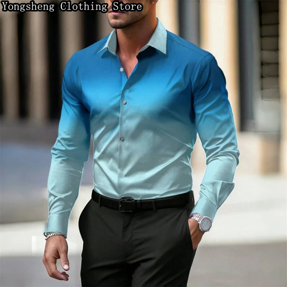 Mens long-sleeved ice silk printed shirt business splicing gradient pattern fashionable business casual clothing 240822