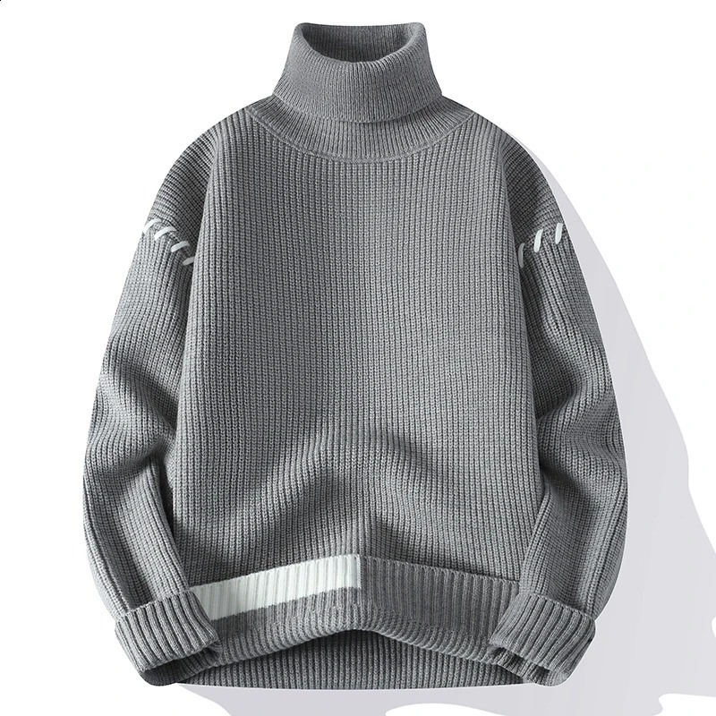 Fashion Youthful Vitality Mens Turtleneck Sweater Autumn Winter Loose Casual Knitted Pullovers Men Warm Patchwork Knitwear 240821
