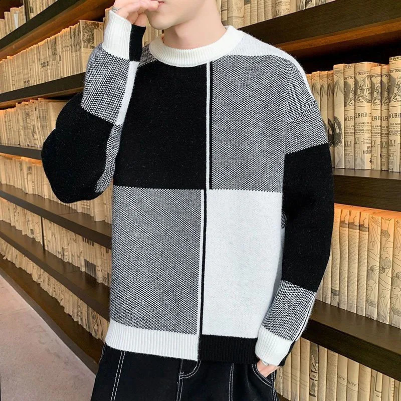 Autumn and Winter Fashion Youth Thickened Round Neck Versatile Contrast Color Long Sleeve Knitted Mens Thread Shirt 240821