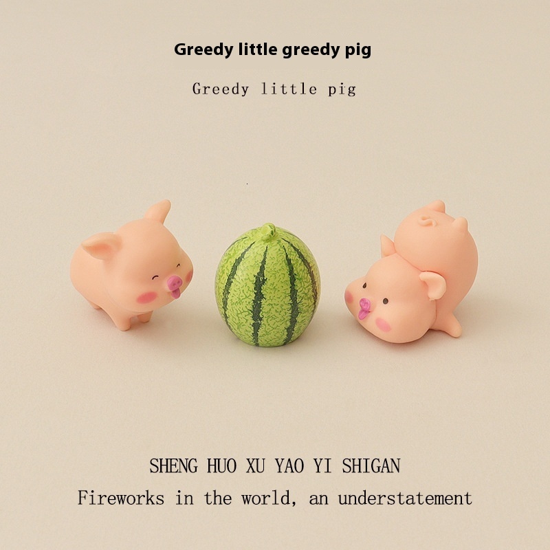 Cartoon creative cute mini micro landscape pig eating watermelon scene desktop decoration ornament OB11