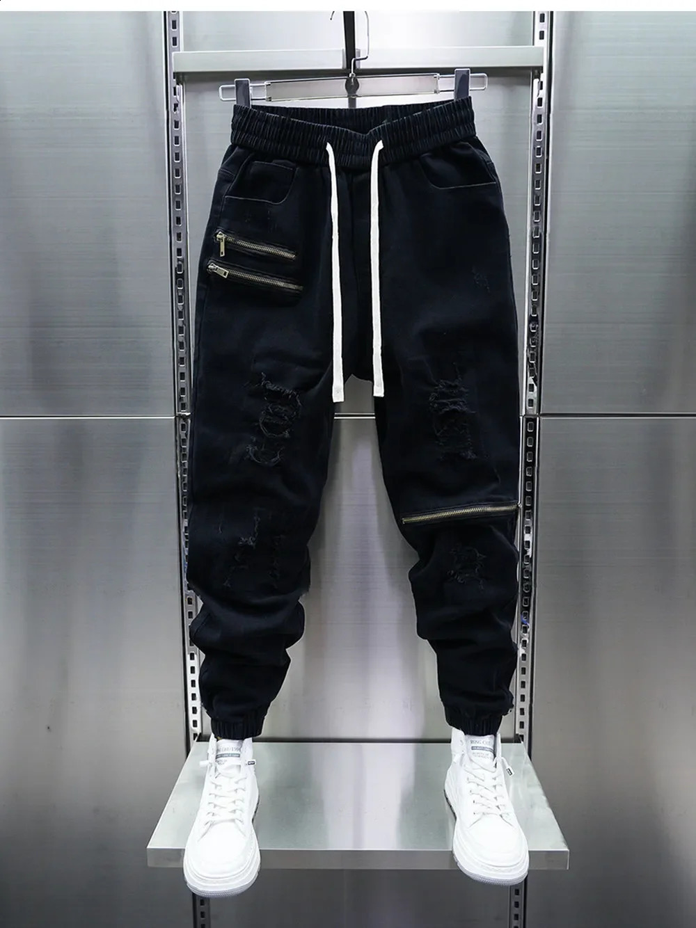 Personalized zipper tear pencil pants black casual harem highquality ed clothing 240821
