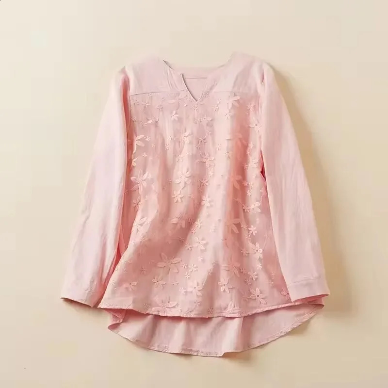 SummerAutumn Womens Cotton Linen Shirt Vneck Embroidered Lace Top Long Sleeve Loose White Elegant Large Casual 240822