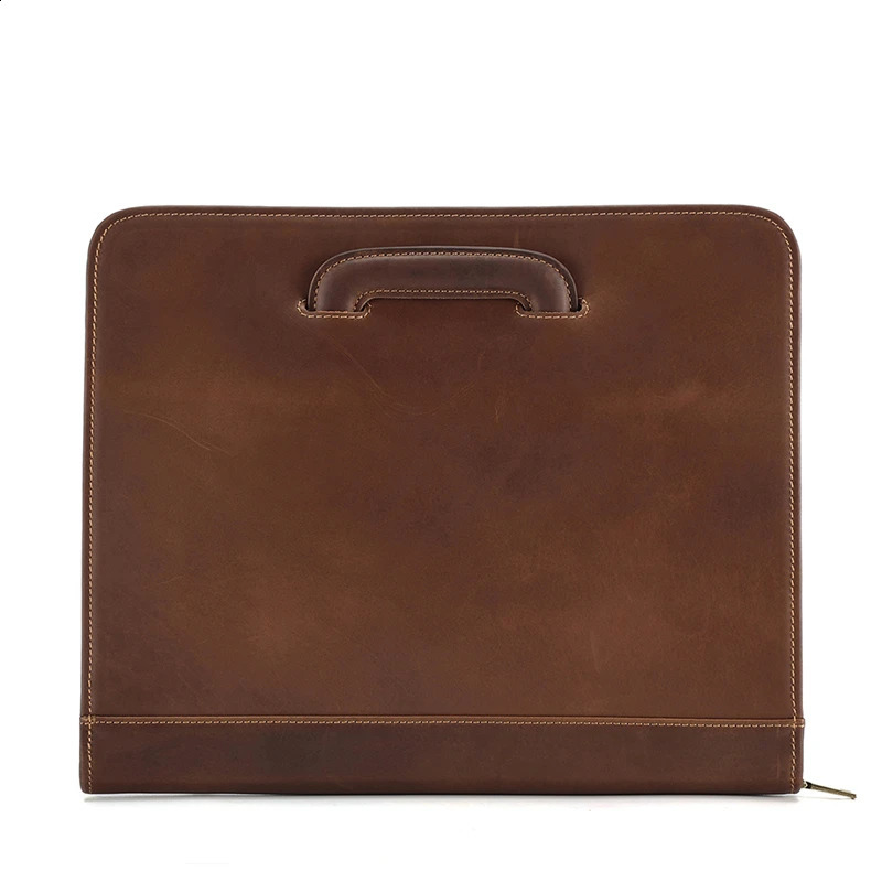 High Quality Vintage A4 Brown Crazy Horse Genuine Leather Executive Office Women Men Briefcase Handbag Portfolio Bag M2215 240821