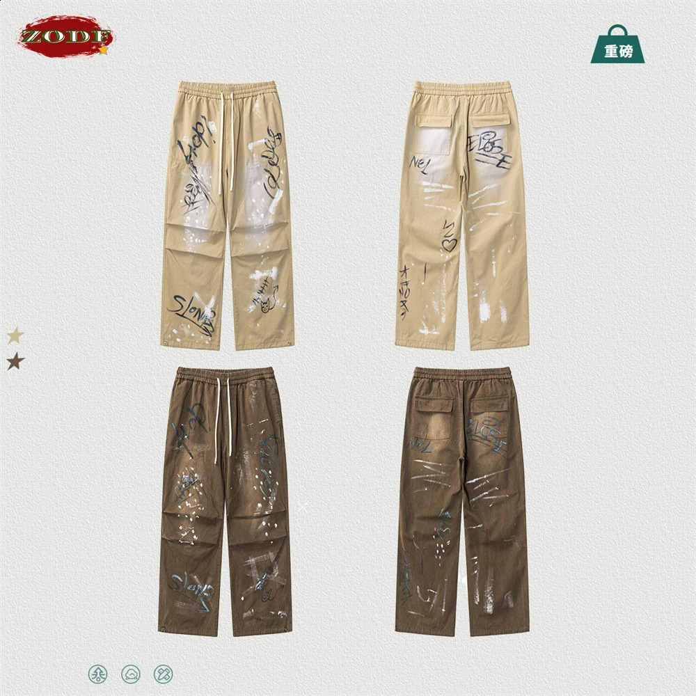 ZODF Fashion Spring Summer Mens 270gsm Cotton Cargo Pants Unisex Casual Wash Paint Graffiti Loose Knee Trousers HY0848 240821