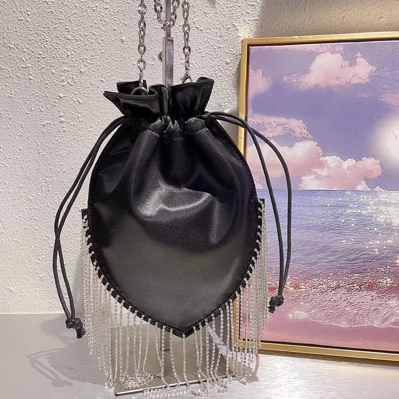 Fashionable shiny dress wallet edge tassel diamond satin ball evening bag womens Crsosbody handbag clutch bead 240821