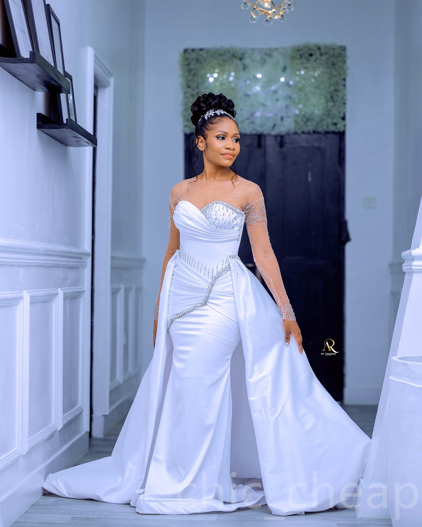 African Aso Ebi 2024 White Mermaid Wedding Dress Satin Rhinestones Sheer Neck Full Sleeves Detachable Train Elegant Bridal Gowns Dresses ZJ215