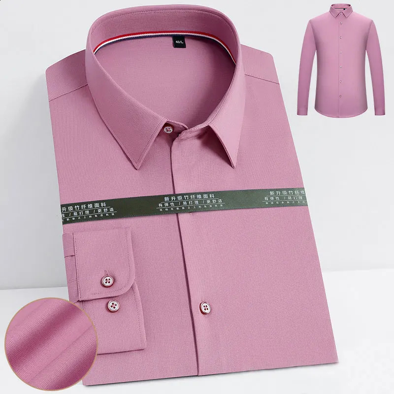 Bamboo fiber mens long sleeve shirt pocket-free solid color anti-wrinkle all-in-one business casual breathable wear free 240822