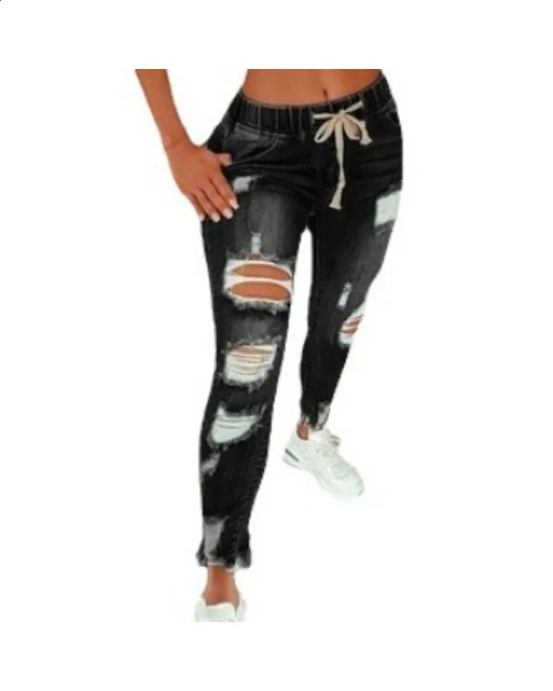 S-5XL Size Tight Jeans Womens Mid Waist Lace up Slim Fit Elastic Ft Perforated Denim Pants Z260313
