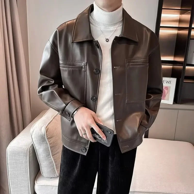 Autumn/winter Faux Leather Jacket For Men Trendy Korean Style Cropped Versatile Lapel Jacket Casual Scene Regular Type 240822