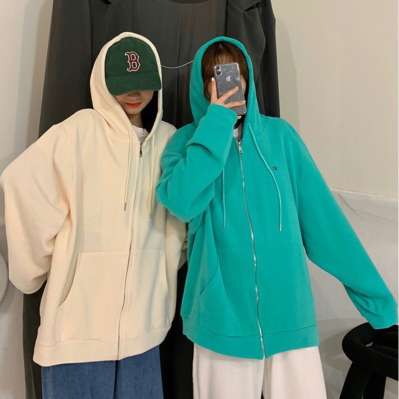 Korean version sports leisure hooded zipper cardigan sweater jacket for women autumn and winter BF style loose top trend dongdumaoyi