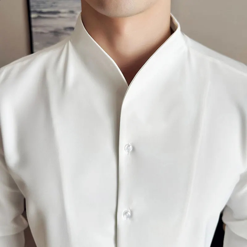 Sexy V-neck Shirt Mens Long Sleeved Casual Shirts Collarless Seamless Business Dress Shirt Social Party Tuxedo Blouse M-4XL 240822