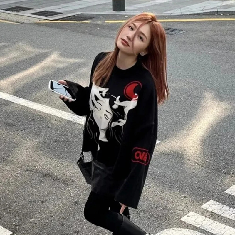 Y2K winter warm abstract portrait sweater Harajuku Pullover mens long sleeved knitted streetwear punk womens retro top 240821