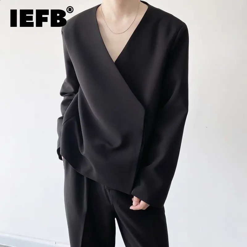IEFB Autumn Personality Mens Collarless Short Suit Coat Simple Trend Black Oversized Asymmetric Breasted Clothes Y9248 240821