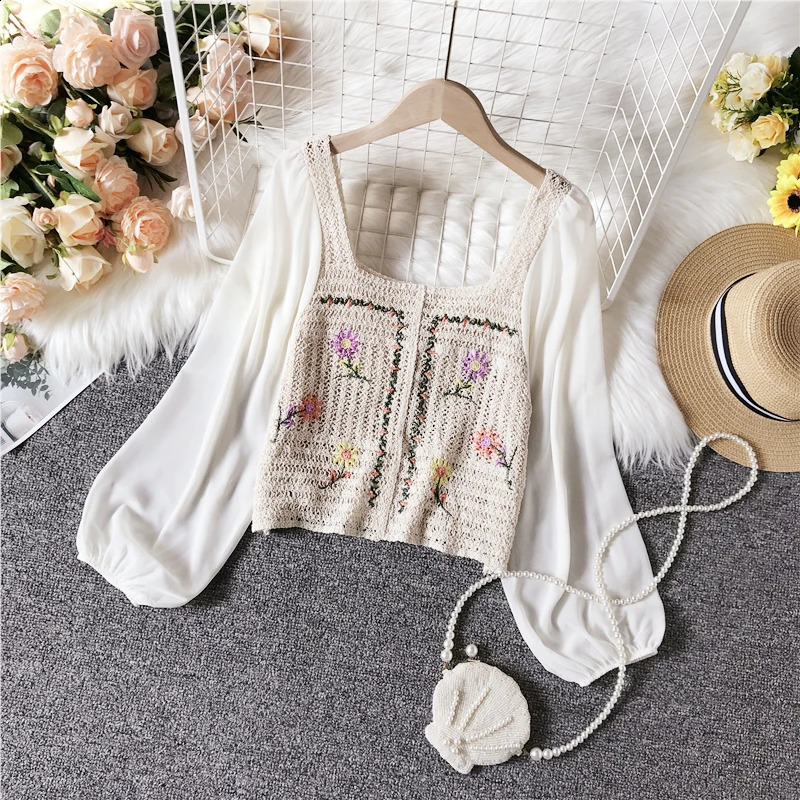 Woman Blouse Women Oversized Top Blouses Embroidery Long Sleeve Tees Crochet Shirt Floral Print Crop Streetwear Blusas Dropship 240821