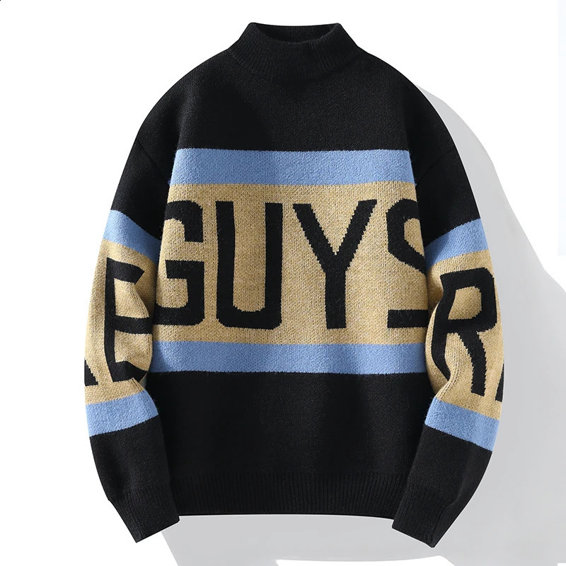 Autumn Winter Conflict Color Knitted Pullover Sweater Mens Round Neck Warm Fashion Letter 240821
