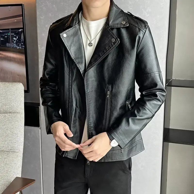 American Style Vintage Motorcycle Jacket Pu Leather For Men Trendy Casual Cropped Lapel Blazer Loose Fit Casual Scene 240822