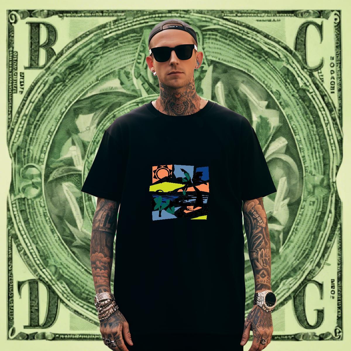TOP Quality Men Tshirts Beach 230g Pure Cotton Black White Crew Neck Breathable beach T-Shirts 2024 Summer Tops Shirt