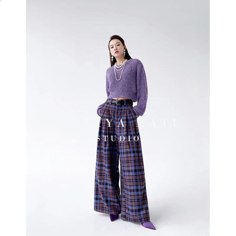 Purple Plaid Pants For Women Casual Korean Fashion High Waist Wide Leg Y2k Streetwear Vintage Loose School Trousers Summer 240821