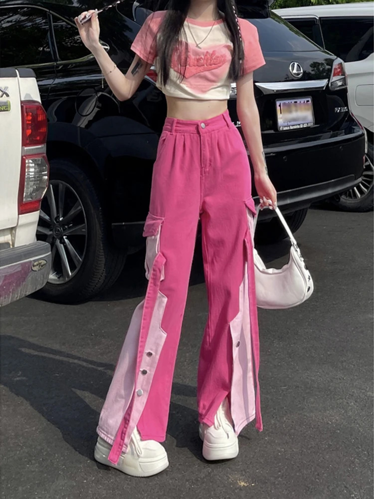 Pink Women Cargo Pants Loose Baggy Pants Korean Fashion High Waist Trousers Moda Pantalones Anchos Y Sueltos Mujer 240821
