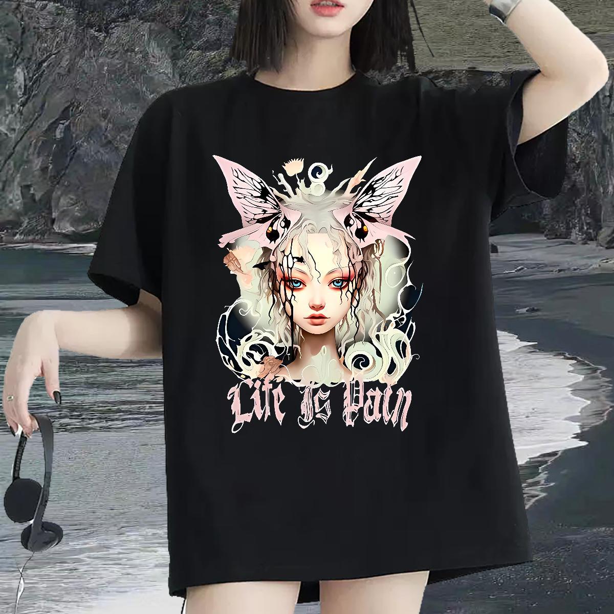 Fashion New Woman T Shirts 230g 100% Cotton Crew Neck Daily Outfit Butterfly Girl Women Tees High quality Oversized Tops