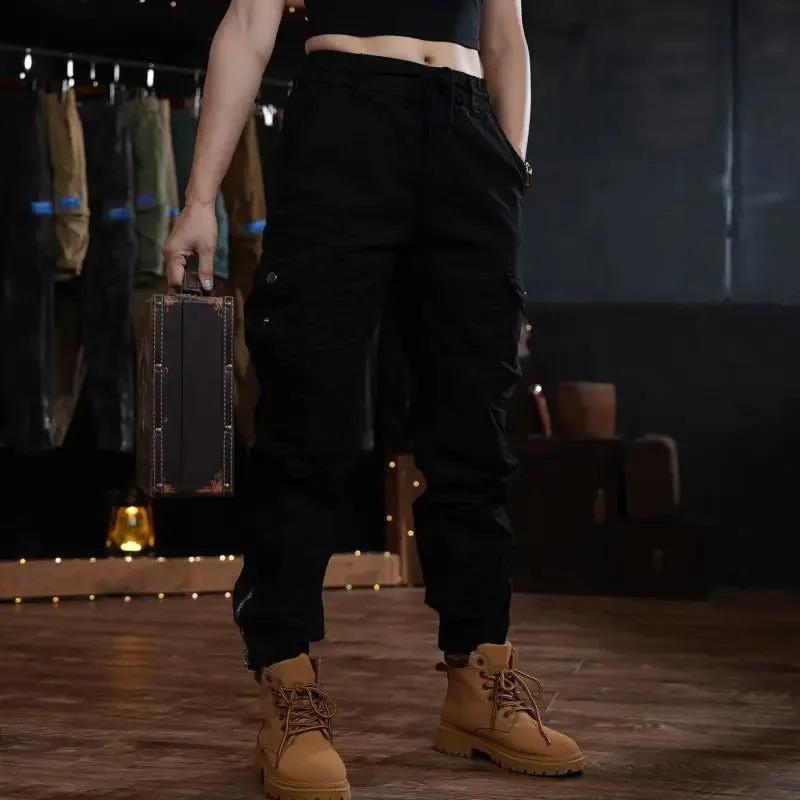 Trouser mens hiking cargo pants loose stacked khaki motorcycle street casual Emo Techwear retro aesthetics 240821