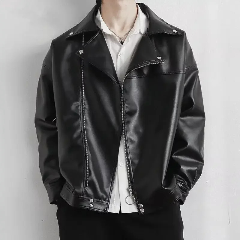 Trendy Korean Style Mens Spring Autumn Lapel Leather Jacket Loose Fit Casual Clothing Vintage Motorcycle Jacket For Men 240822
