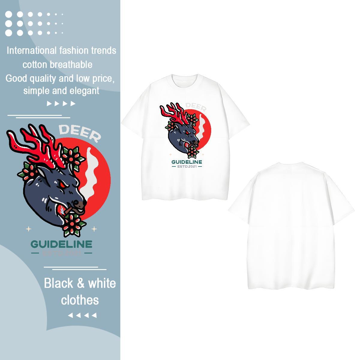 Fashion New T-Shirts for Women Breathable Short Sleeve 230g Cotton Tshirt for Man Woman Cartoon Floral Printing Deer Street Wear Loose Clothes